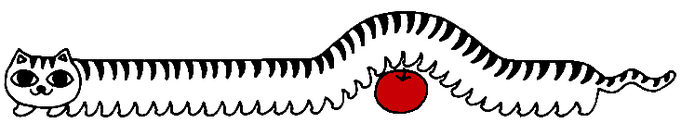 a black and white drawing of a caterpillar with a cat head. the cat-erpillar is walking over a bright red apple.