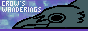 site button showing a dark grey pixel crow lying on a blue mottled background. the ice blue text reads: crow's wanderings.